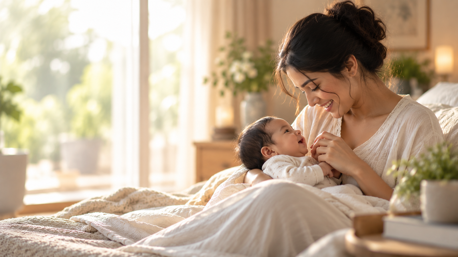 Mother gently holding her newborn baby at home