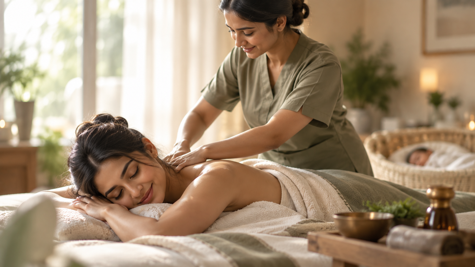 Mother relaxing while a trained postnatal therapist provides gentle care at home