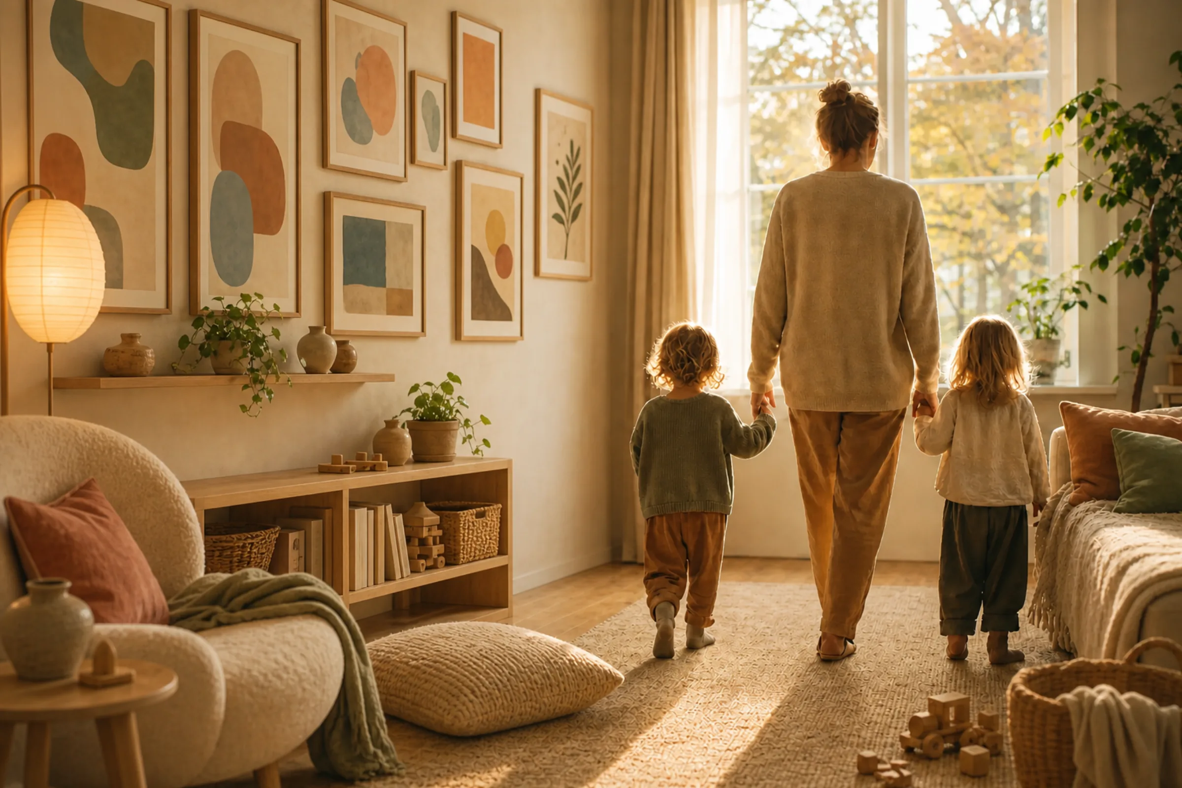 A parent and two young children walking hand in hand through a sunlit front room