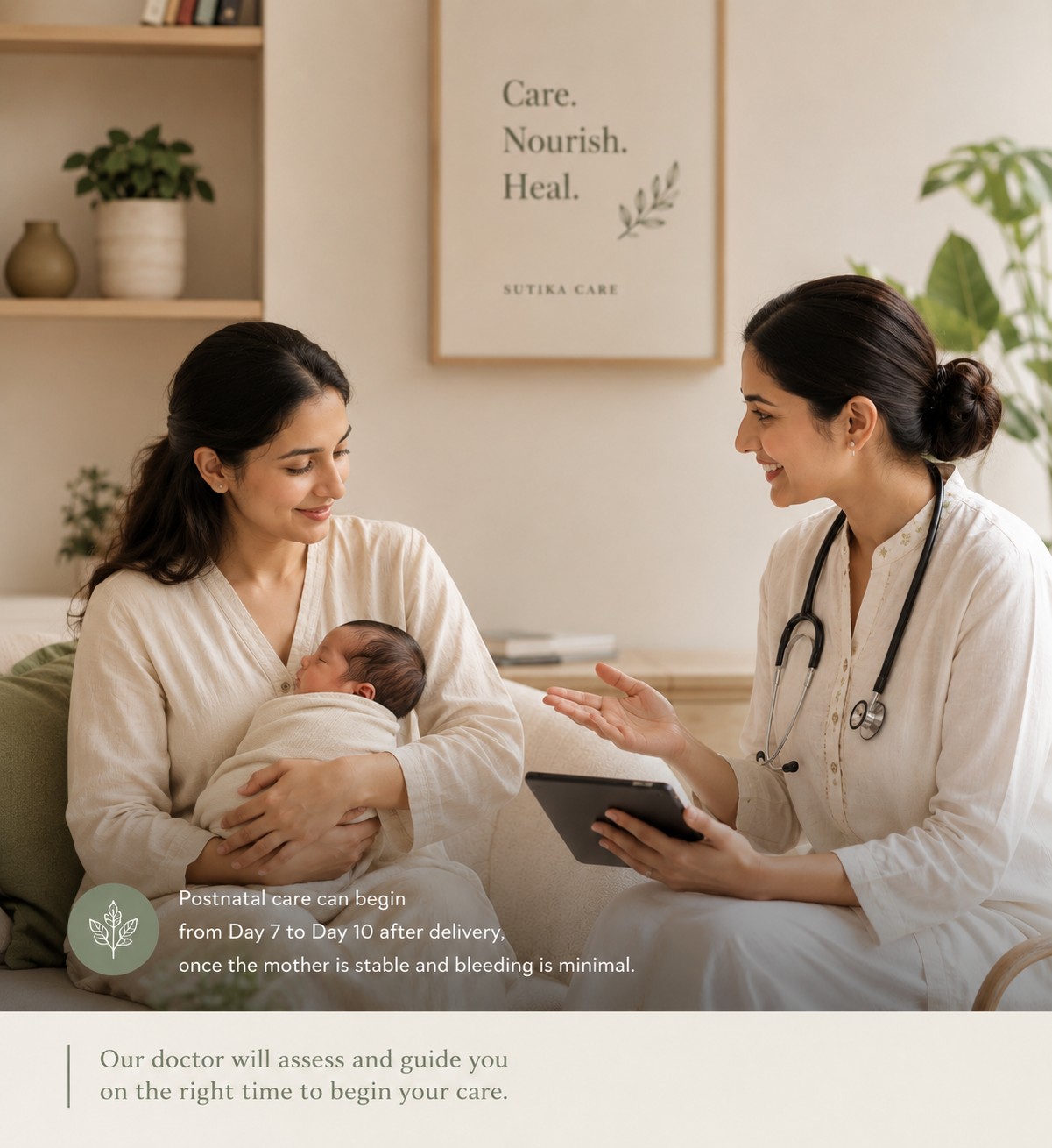 A mother and newborn receiving a thoughtful postnatal wellness consultation