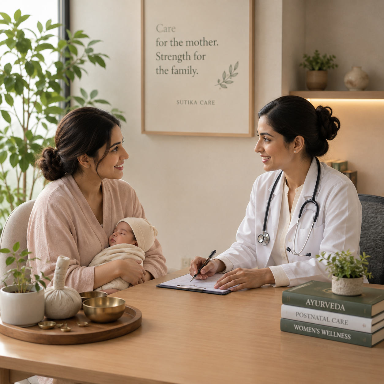 A mother and newborn speaking with a doctor at home