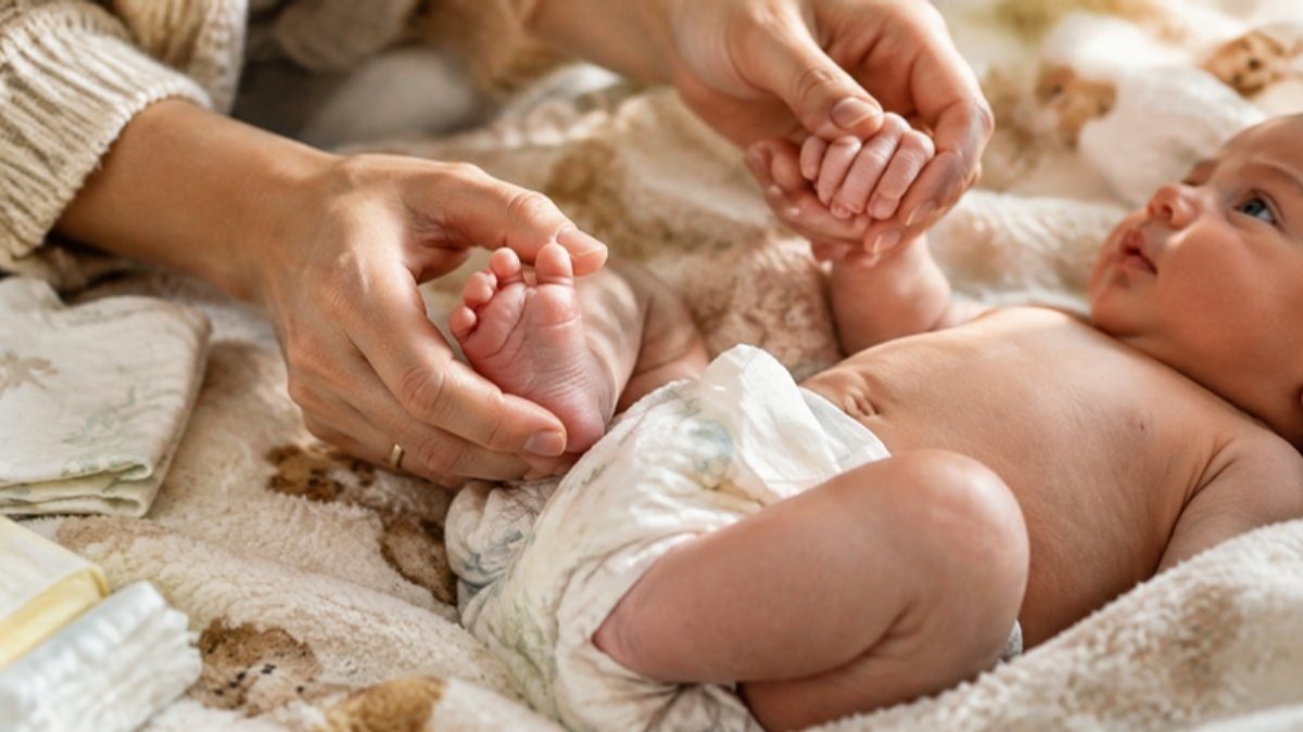 A mother holding a newborn's toes during a nappy change