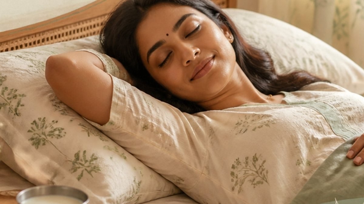 A woman resting on a bed in the afternoon with her eyes closed and a glass of warm milk beside her