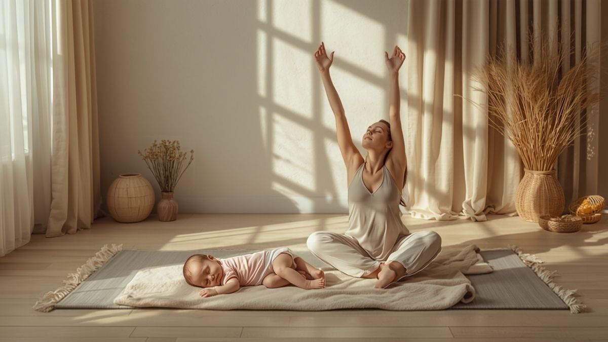 A new mother stretching gently on a yoga mat in a bright living room while her baby sleeps on a blanket beside her