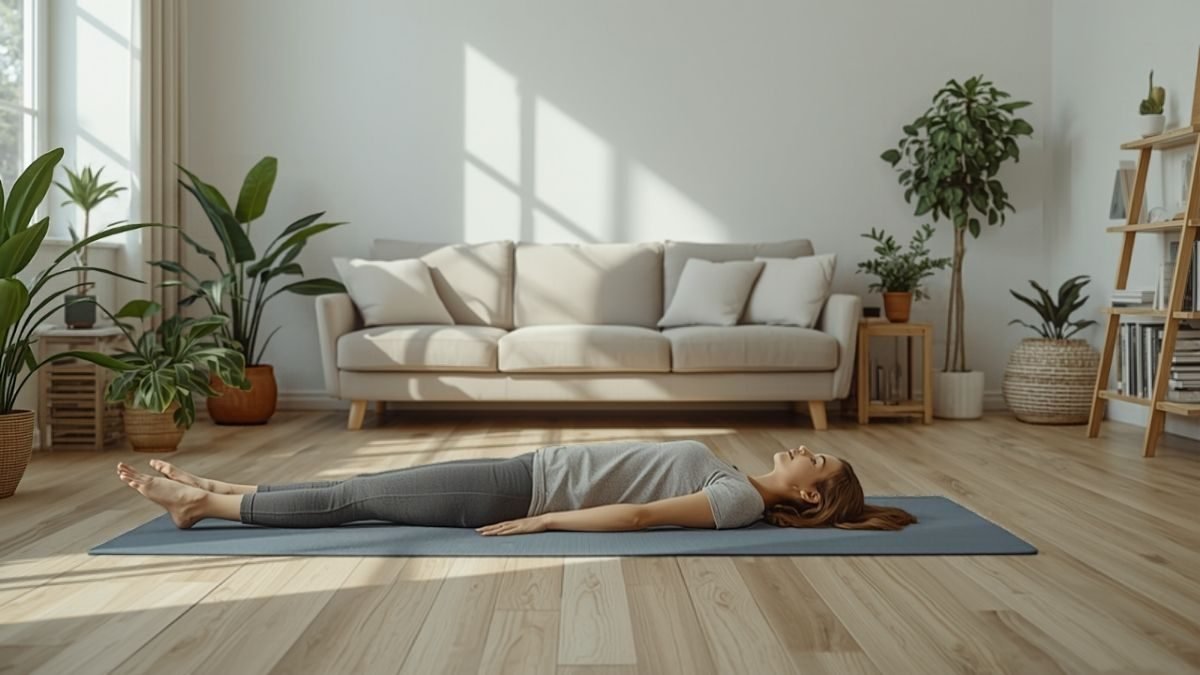 A woman lying on her back on a yoga mat in a bright living room with her knees bent, preparing for a gentle abdominal self-check