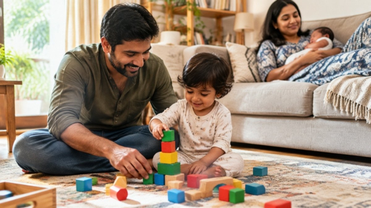 A father playing with building blocks with his toddler while the mother rests on the sofa with her newborn