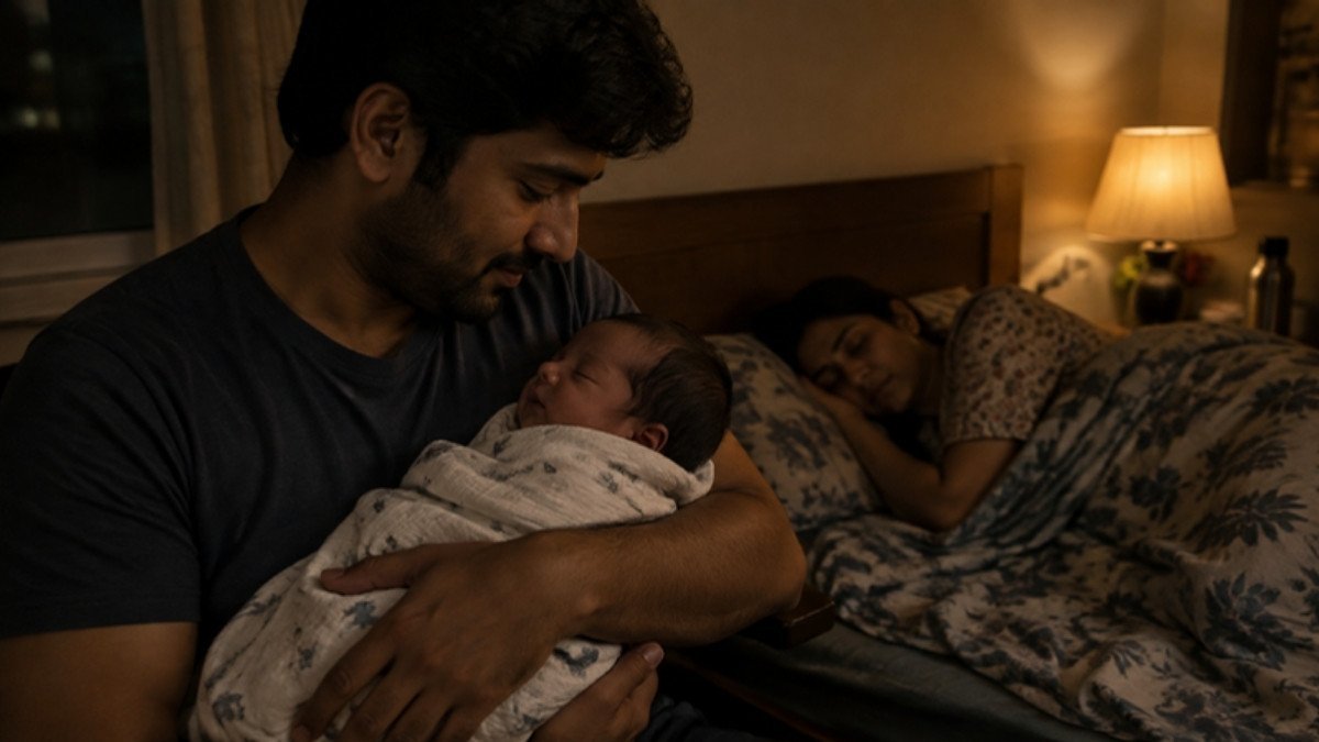 A father holding a newborn by lamplight while the mother sleeps in the background