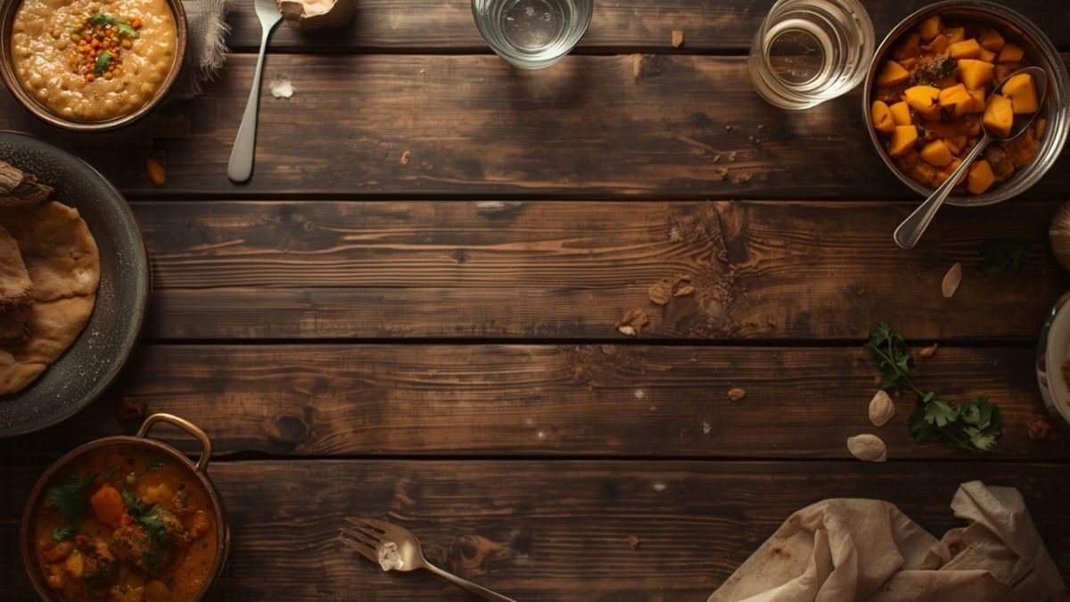 A rustic wooden table with bowls of dal and vegetable curry, soft rotis and a glass of water