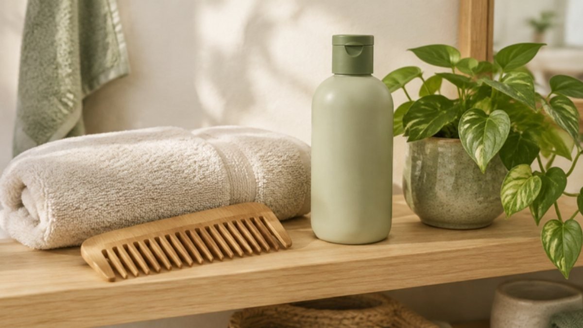A wide-toothed wooden comb, a soft towel and a mild shampoo bottle on a bathroom shelf