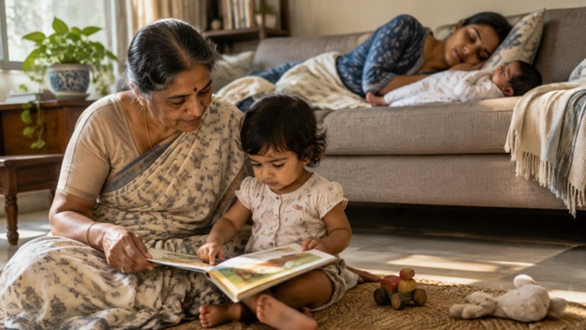 A grandmother reading a picture book to a toddler while the mother naps with the newborn on the sofa