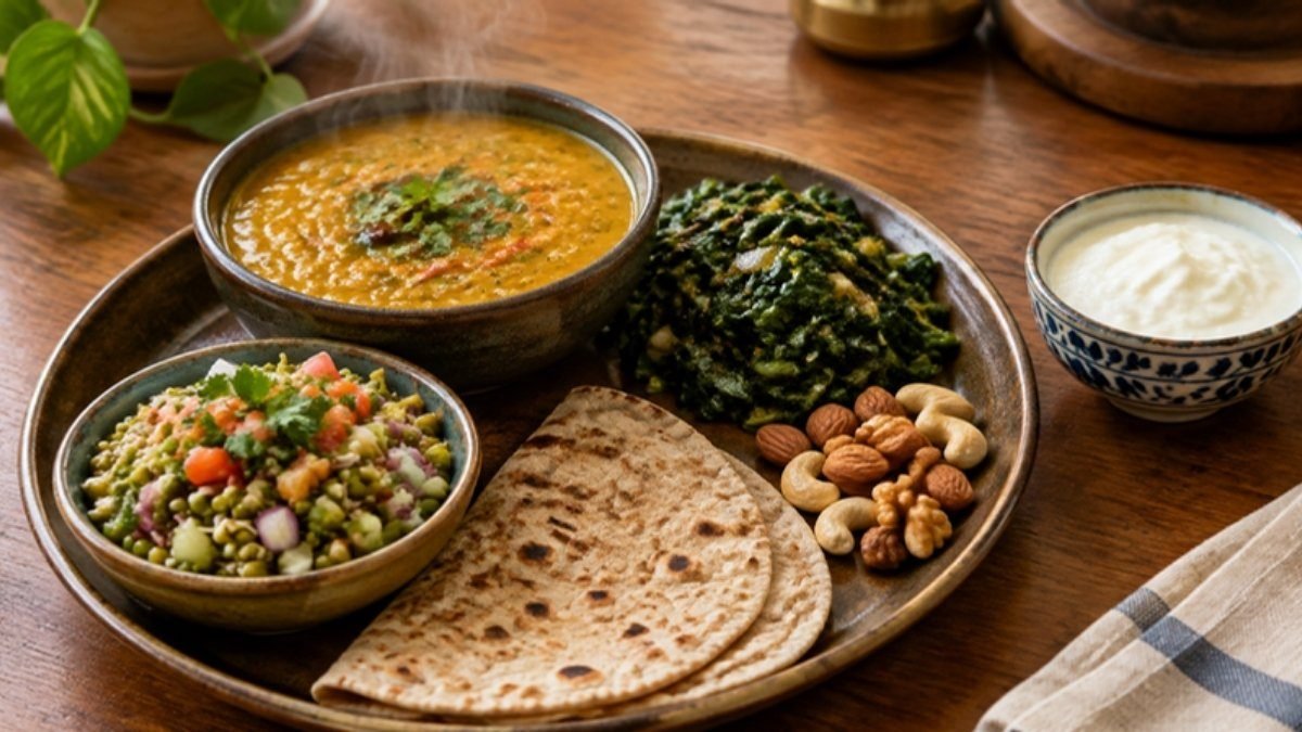 An Indian meal of dal, sprouts, leafy greens, curd, roti and nuts on a wooden table