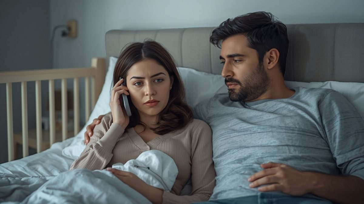 A new mother on the phone to her doctor while her partner sits beside her and the baby sleeps in a cot