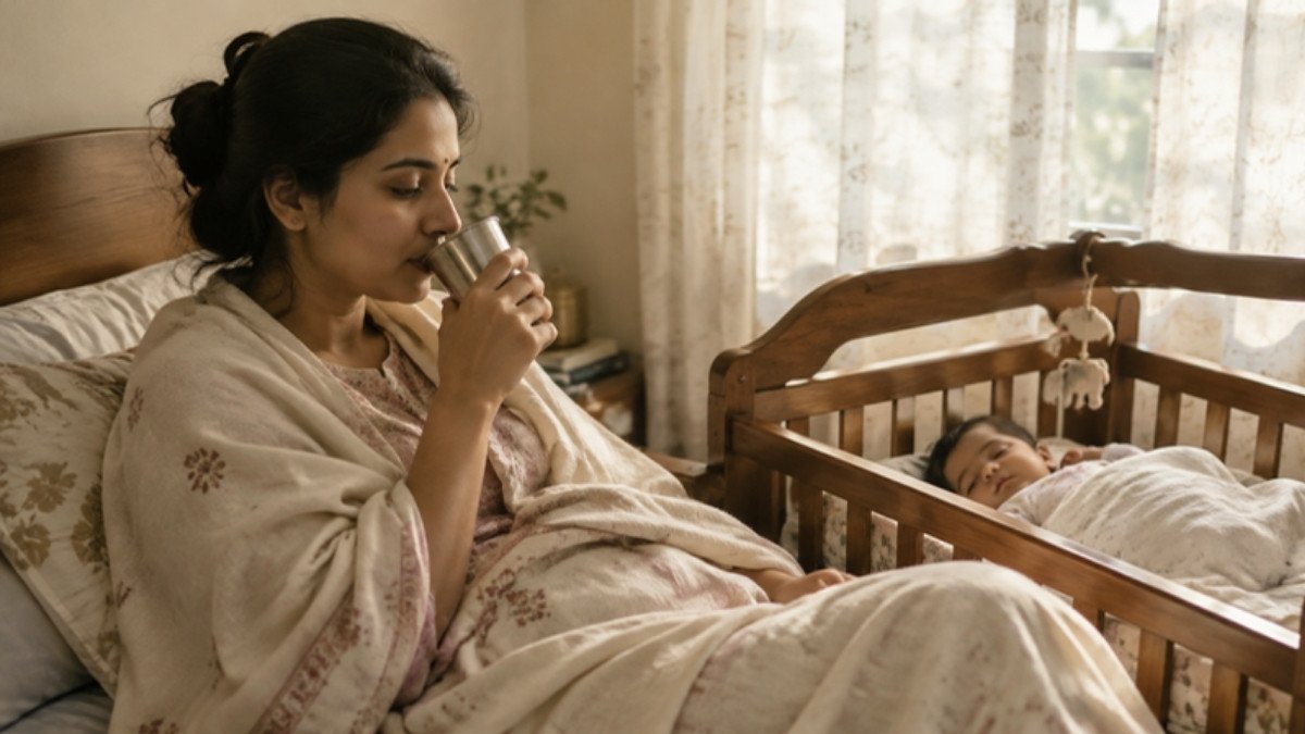 A new mother wrapped in a shawl sipping warm water beside her sleeping baby in a wooden cradle