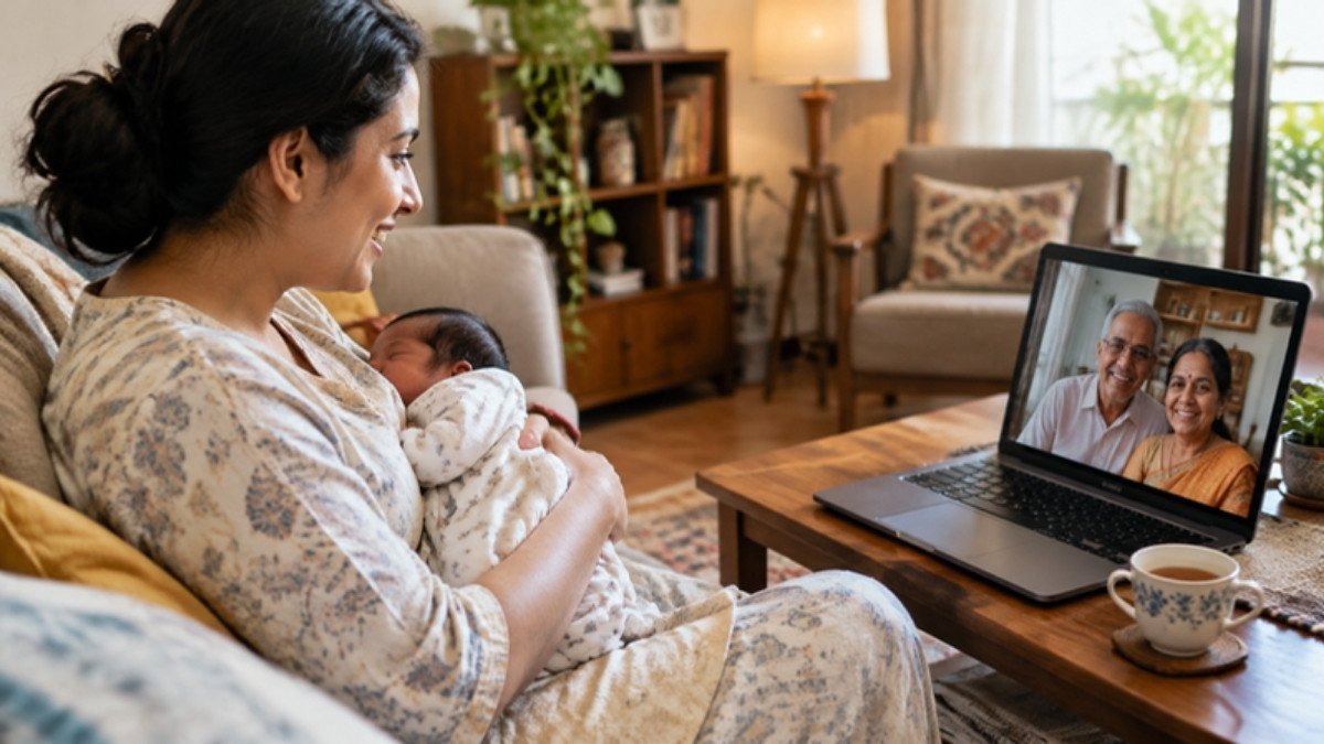 A new mother holding her newborn while video calling her parents on a laptop