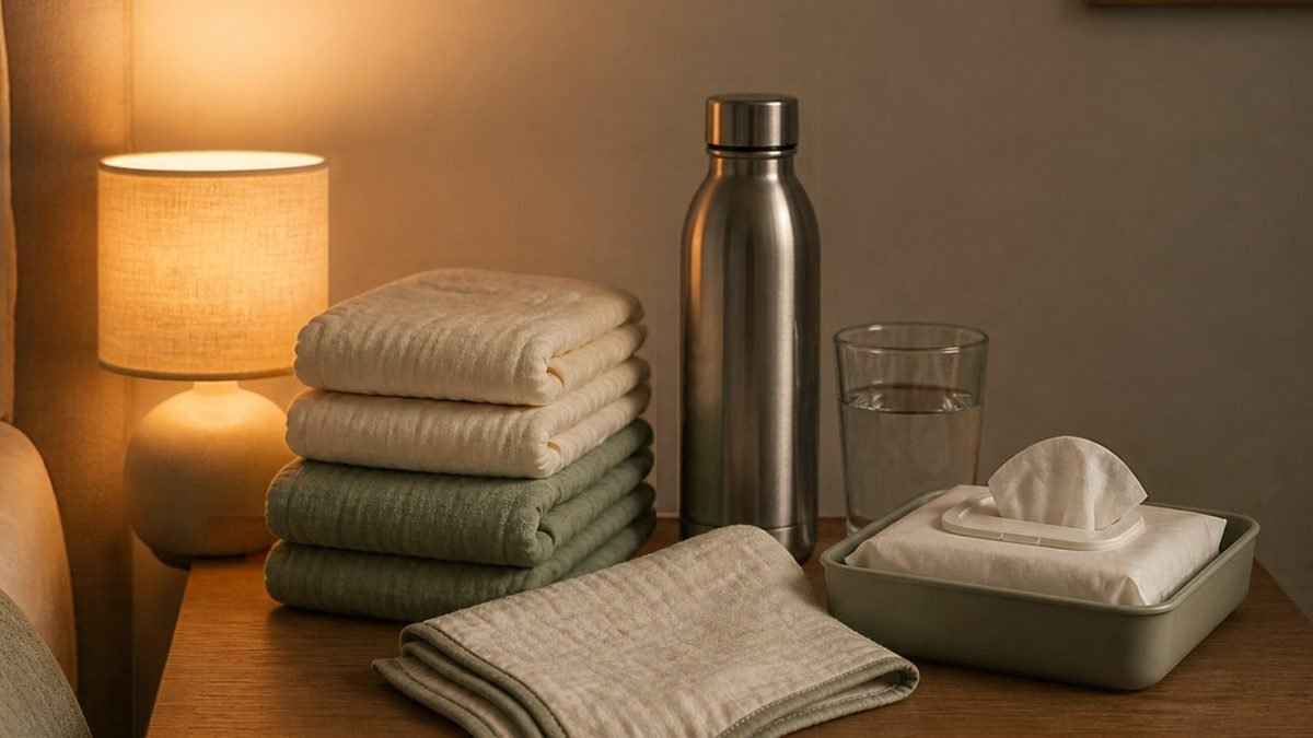 A bedside table with a dim lamp, folded cloth nappies, a steel water bottle and glass, and a tray of wipes
