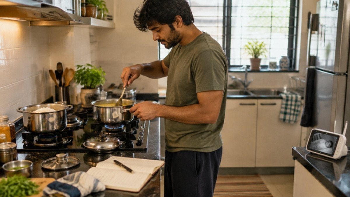 A partner cooking dal and rice in a compact kitchen with a baby monitor on the counter