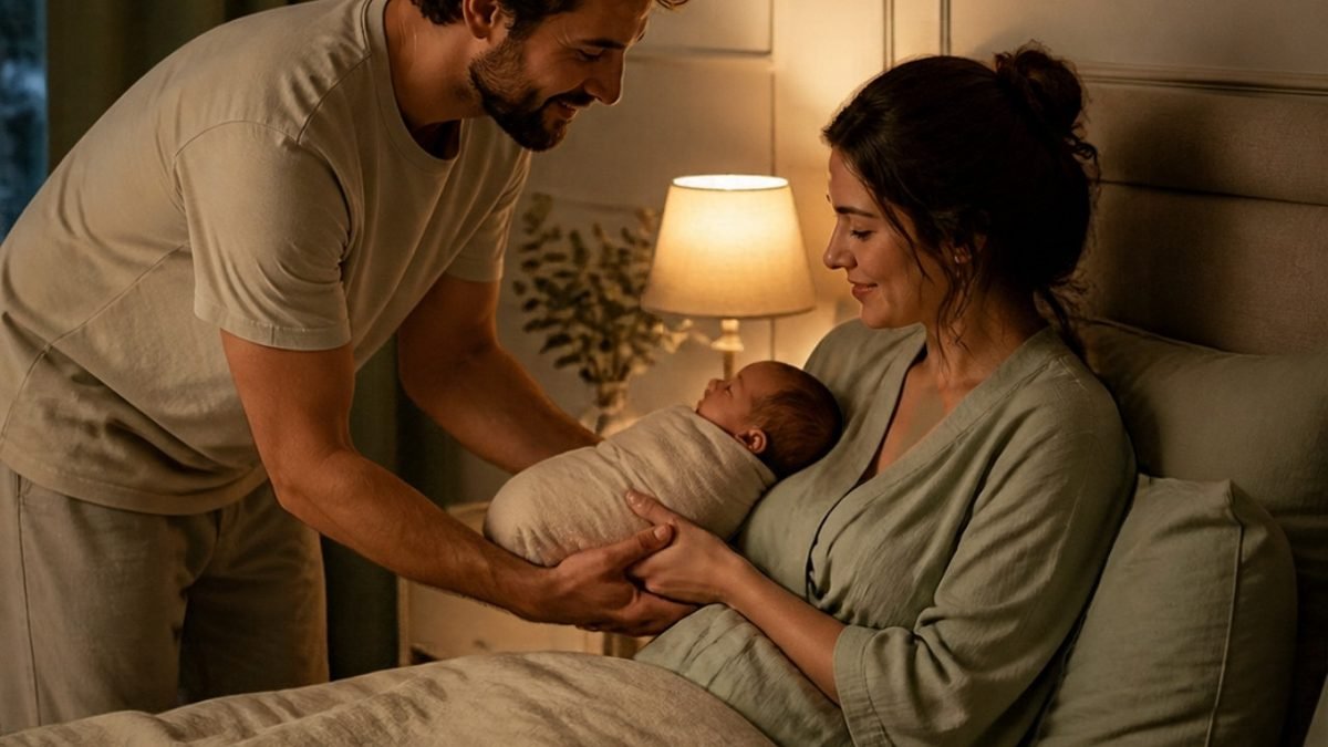 A father gently handing a swaddled baby to the mother who is sitting up in bed in dim lamp light