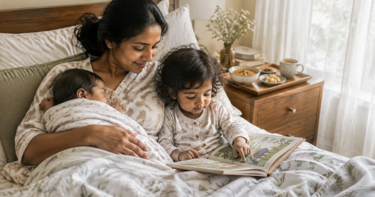 A mother resting in bed with her newborn while a toddler looks at a picture book beside her