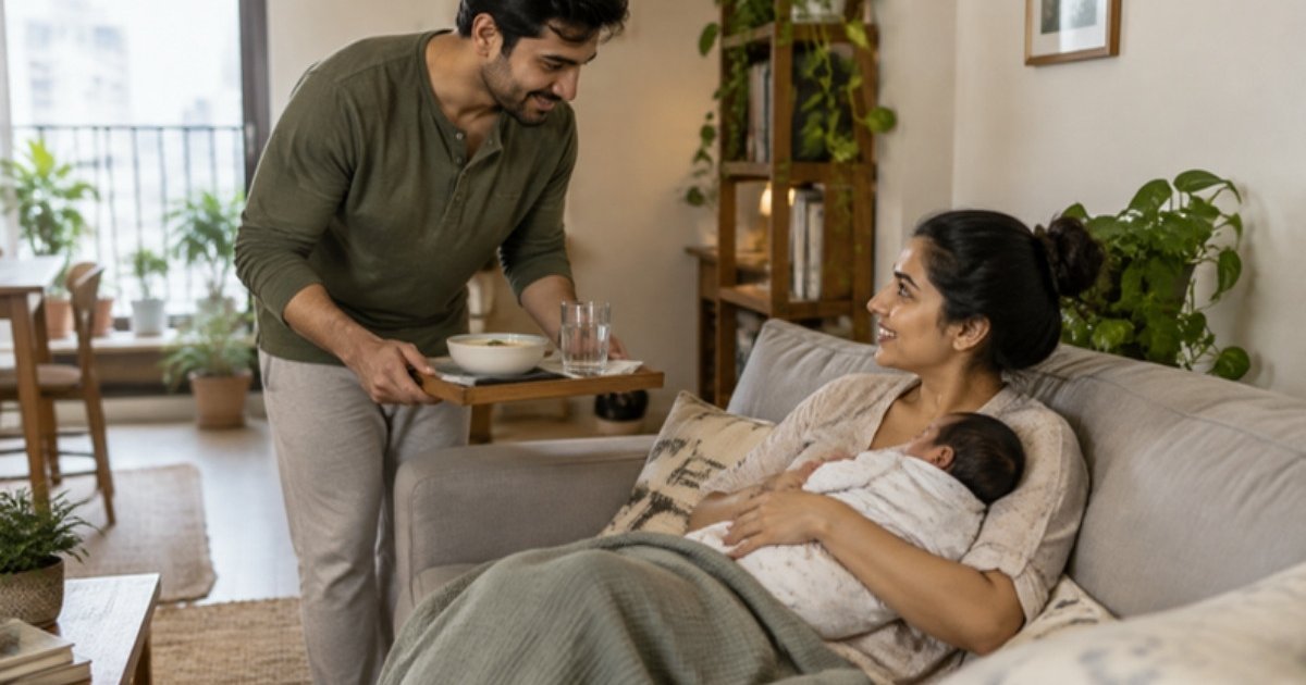 A father bringing a tray of warm food to the mother resting on a sofa with her newborn