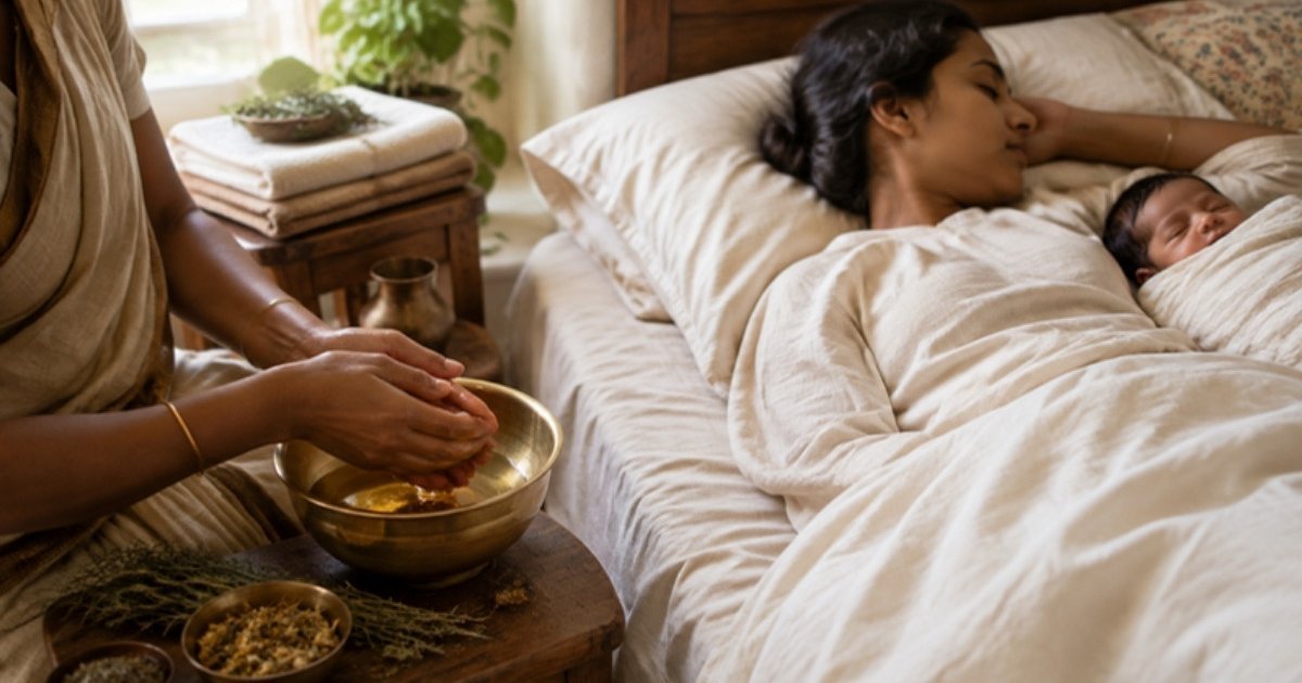 A therapist warming herbal oil in a brass bowl beside a new mother resting with her newborn