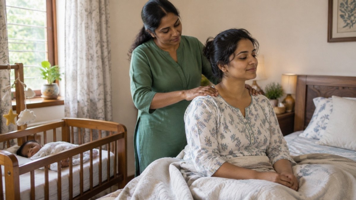A therapist gently massaging the shoulders of a new mother sitting on a bed, her baby asleep in a cradle nearby