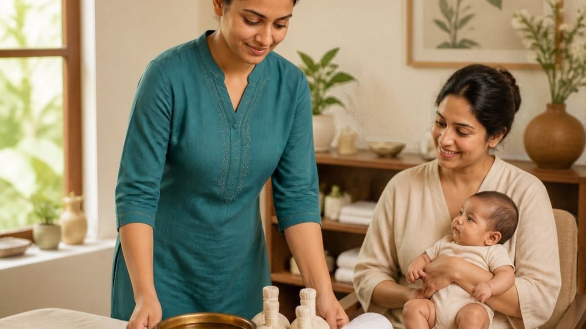 A woman therapist in a teal tunic arranging a tray with a bowl of warm herbal oil and herbal pouches while a mother holds her baby