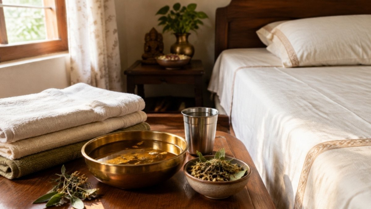Bedroom prepared for a postnatal visit with folded towels, a brass bowl of oil, herbs and water