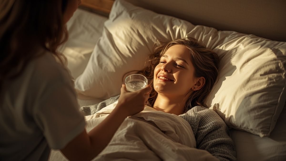 A new mother resting in bed at home, smiling as a caregiver hands her a glass of water