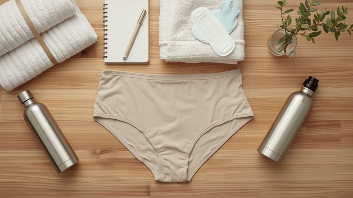 Flat lay of maternity pads, cotton underwear, a folded towel, a steel water tumbler and a notebook on a wooden table