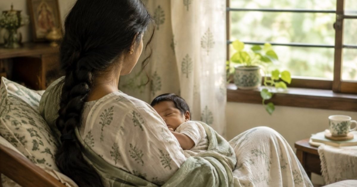 A new mother with a long braid sitting by a window with her newborn on her lap