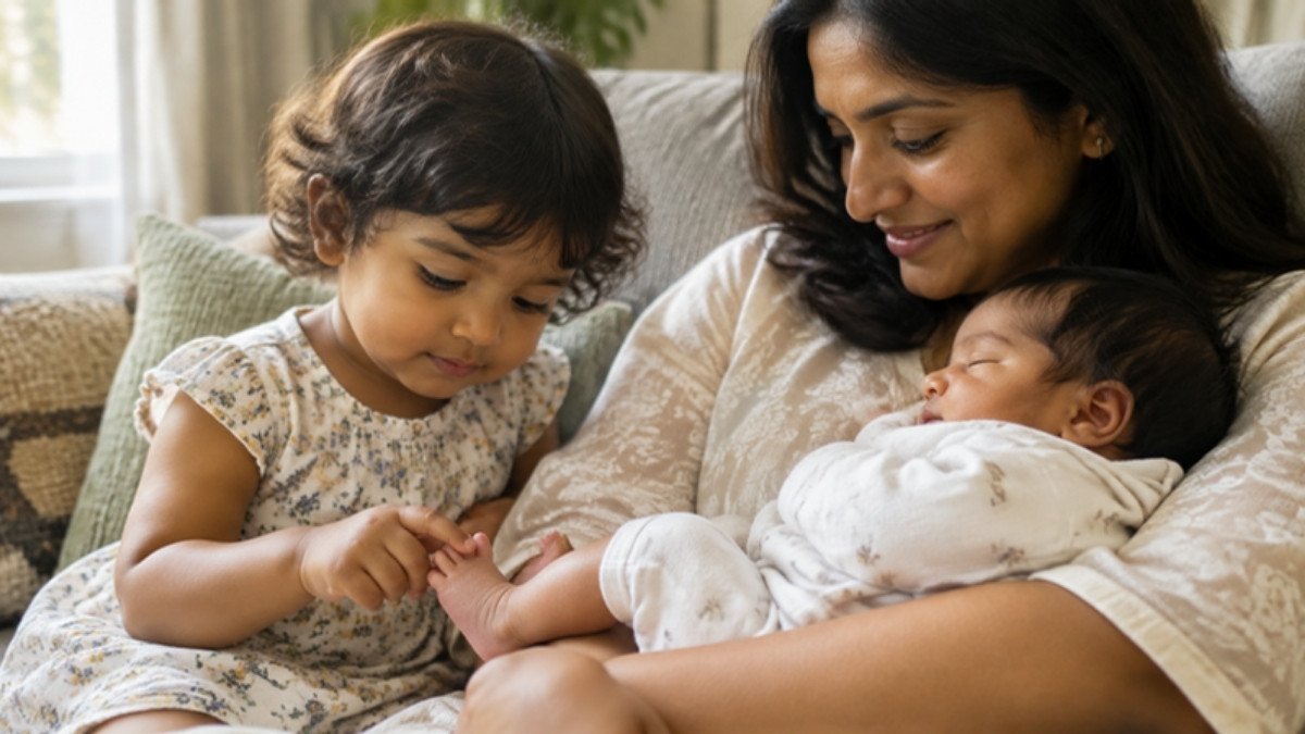 A toddler gently touching the foot of a sleeping newborn held by the mother