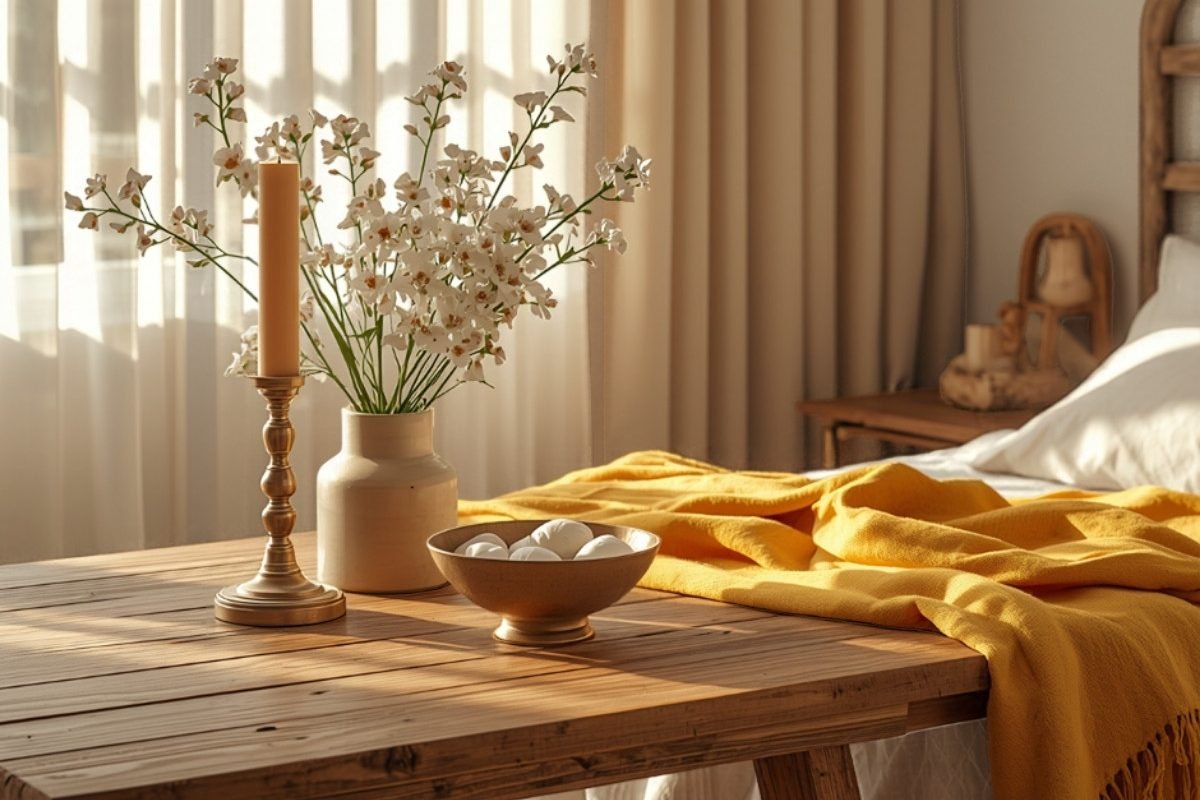 Sunlit bedroom corner with a yellow cotton throw, a brass candlestick, a bowl and a vase of white flowers on a wooden table
