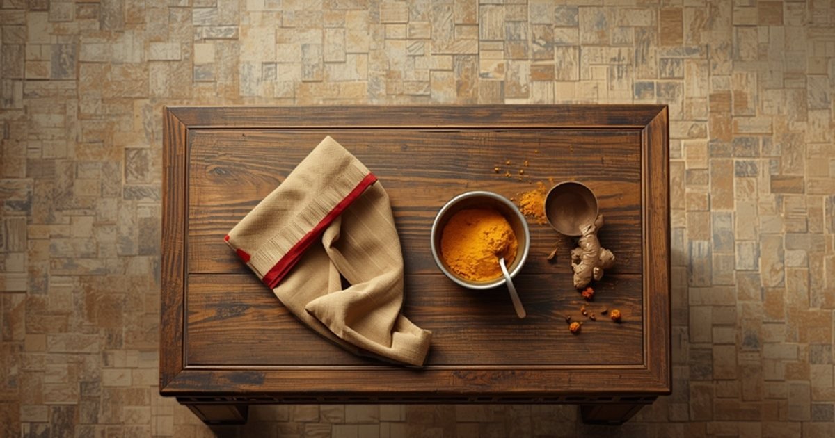 Folded cotton cloth with a red border, a bowl of turmeric and a brass spoon on a wooden table, viewed from above